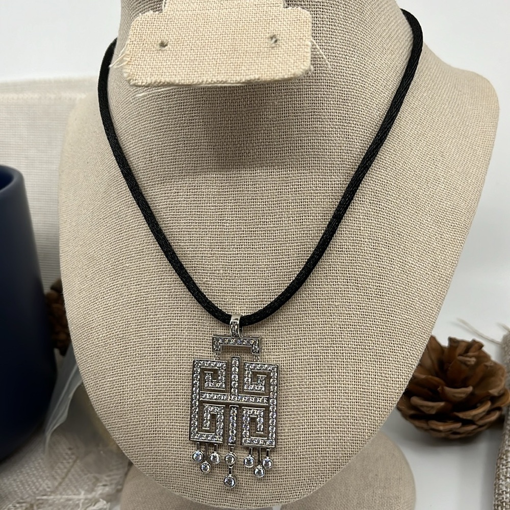 925 Diamonique QVC Geometric Statement Necklace w/ Black Adjustable Cord